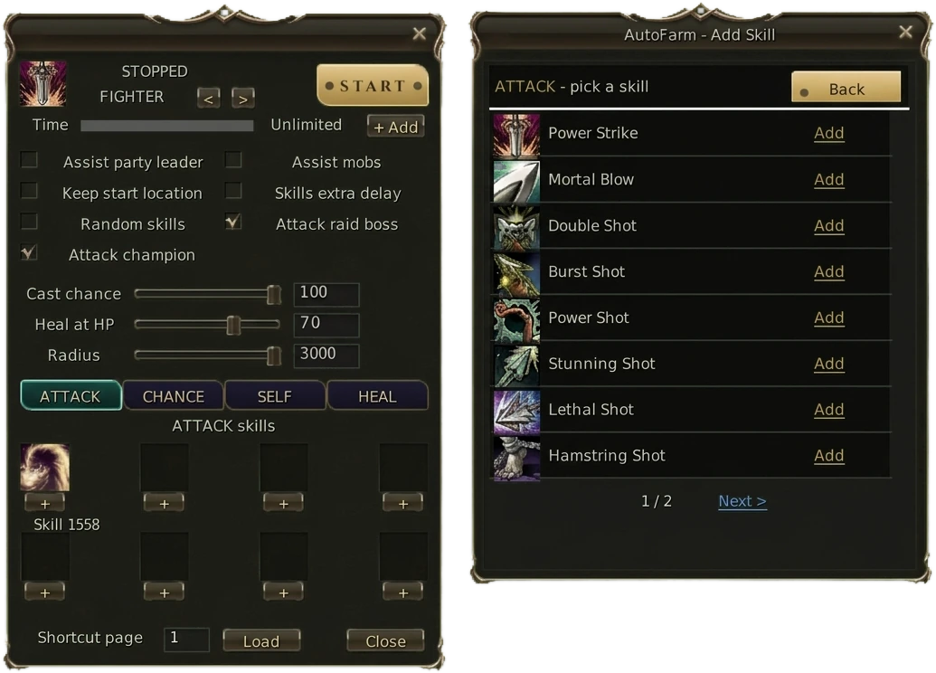 The autofarm panel in the game