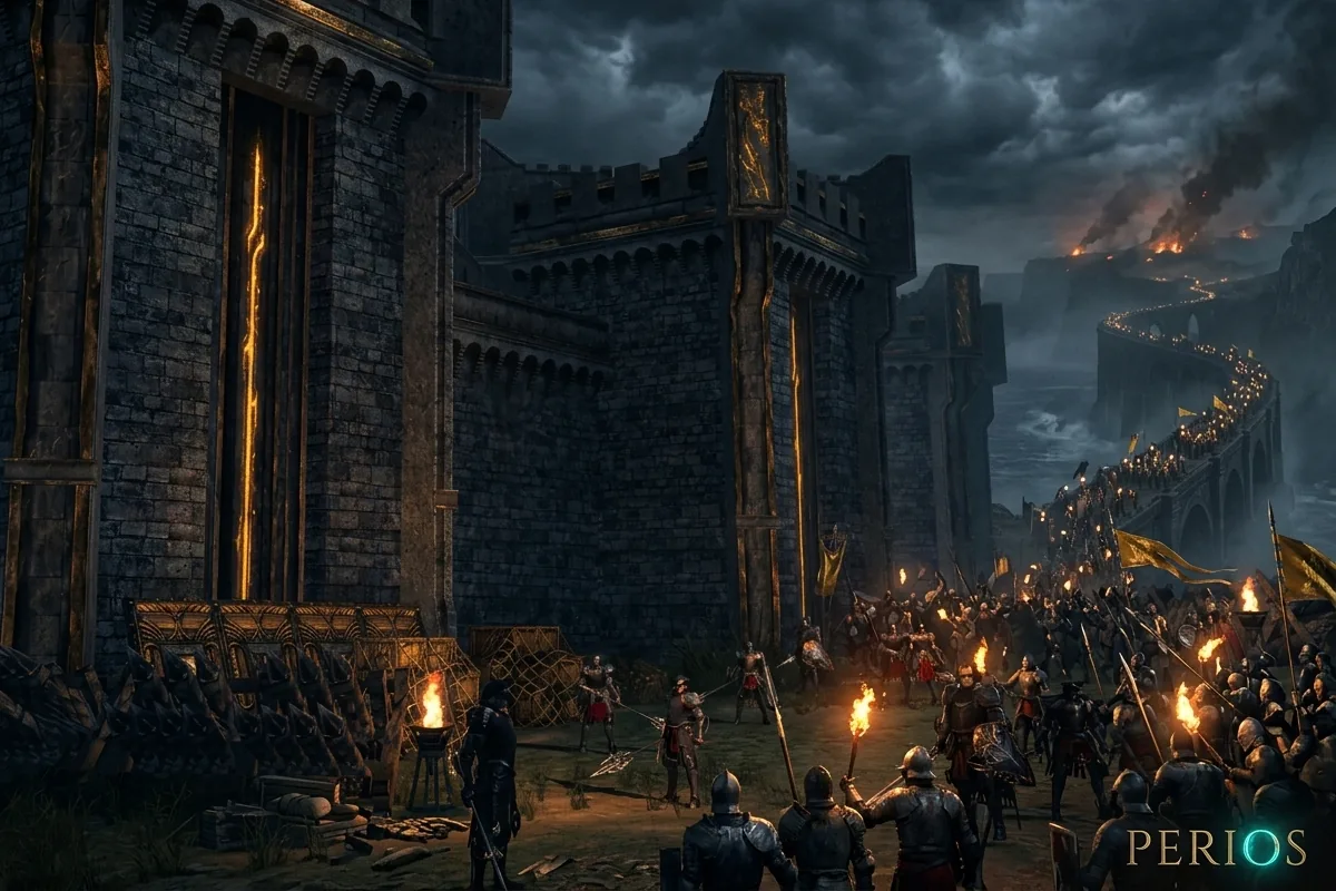 Imperial troops crossing the sea bridge toward a castle of Gracia