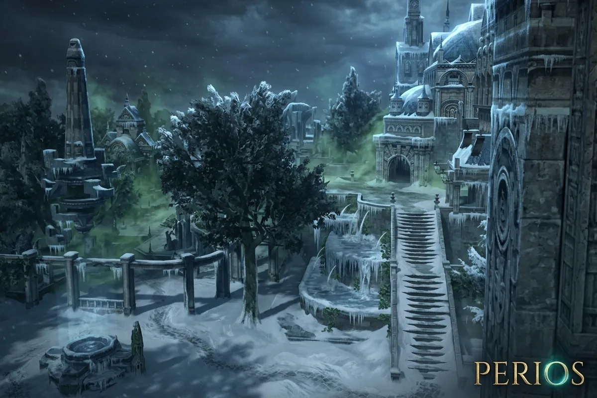 The city covered in snow and a greenish mist