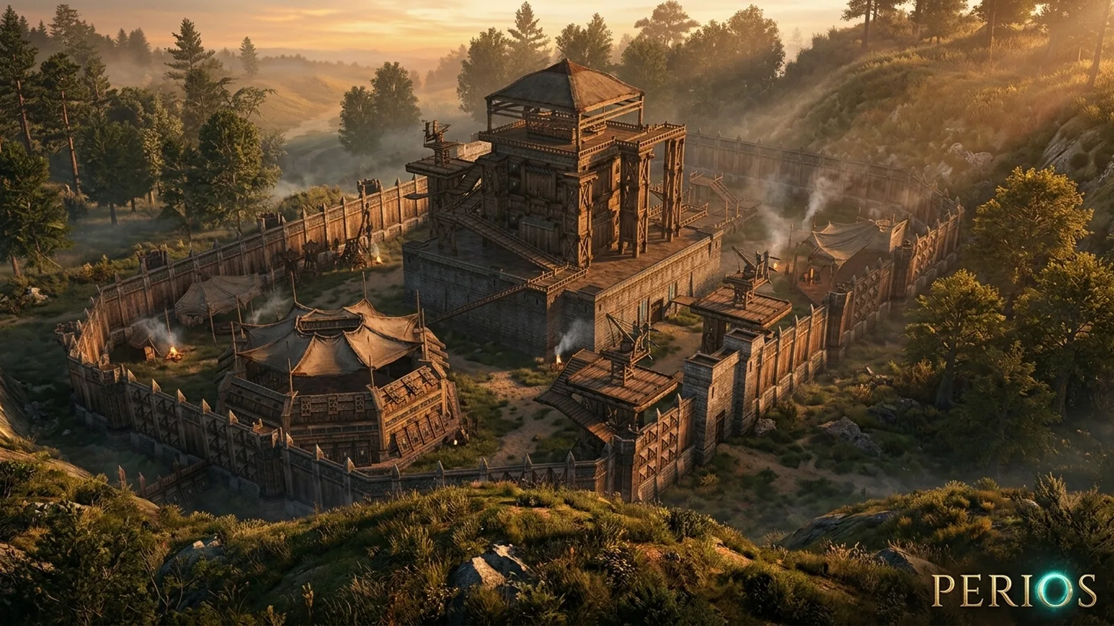 A wooden fortress among the hills at sunset