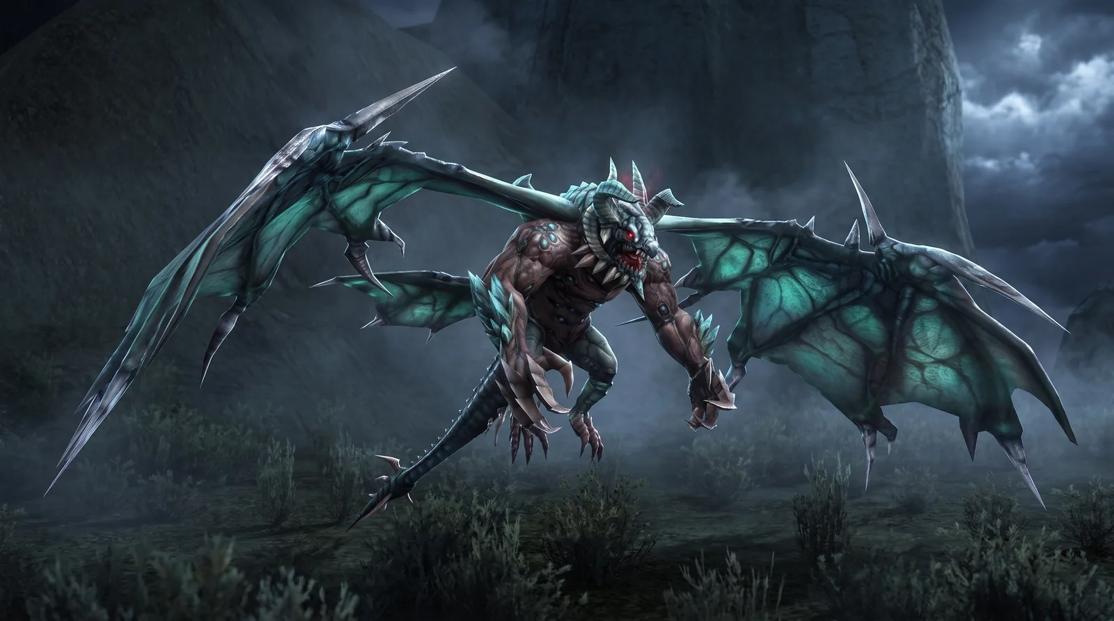A winged raid boss over a plain at night